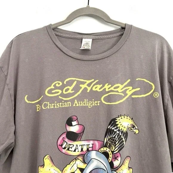 Ed Hardy by Christian Audigier Gray Skull Bones Short Sleeve T-Shirt Men’s XXL - Picture 6 of 9